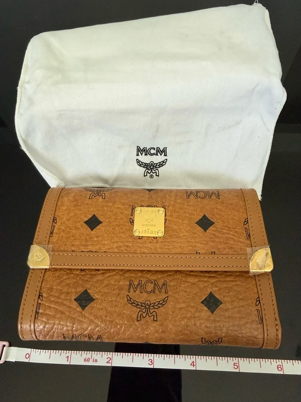 MCM Cognac Visetos Monogram Zip Wallet with Gold Plaque
